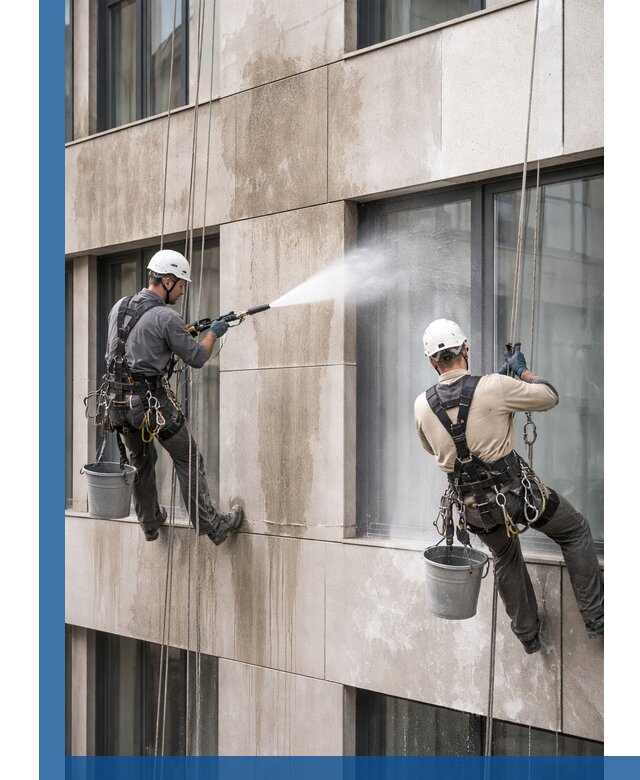 Послестроительная мойка фасада промышленным альпинизмом в Норильске