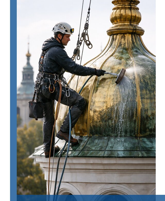 Профессиональная мойка куполов и шпилей высотными альпинистами в Норильске