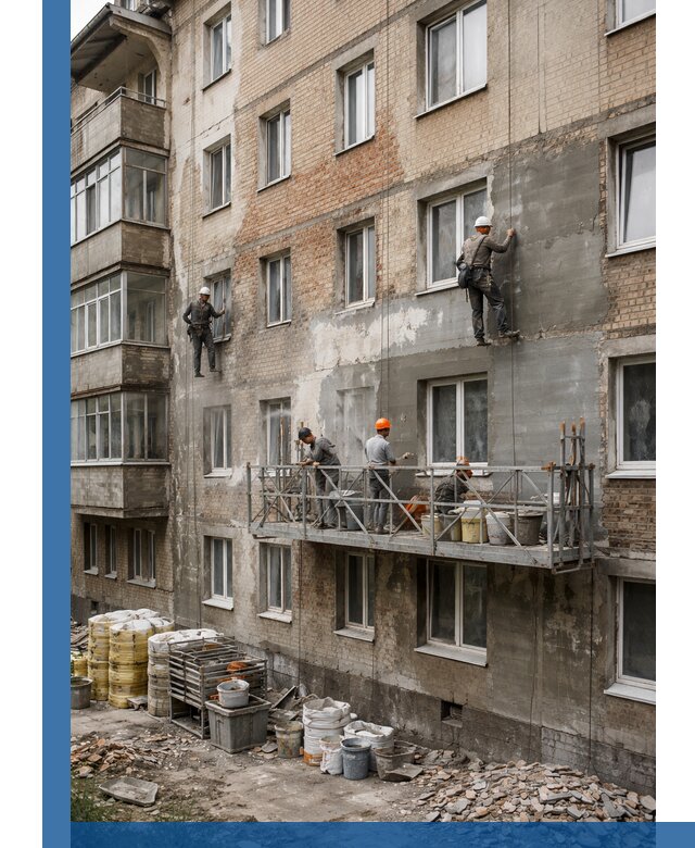 Капитальный ремонт фасада в Норильске с восстановлением и гидроизоляцией