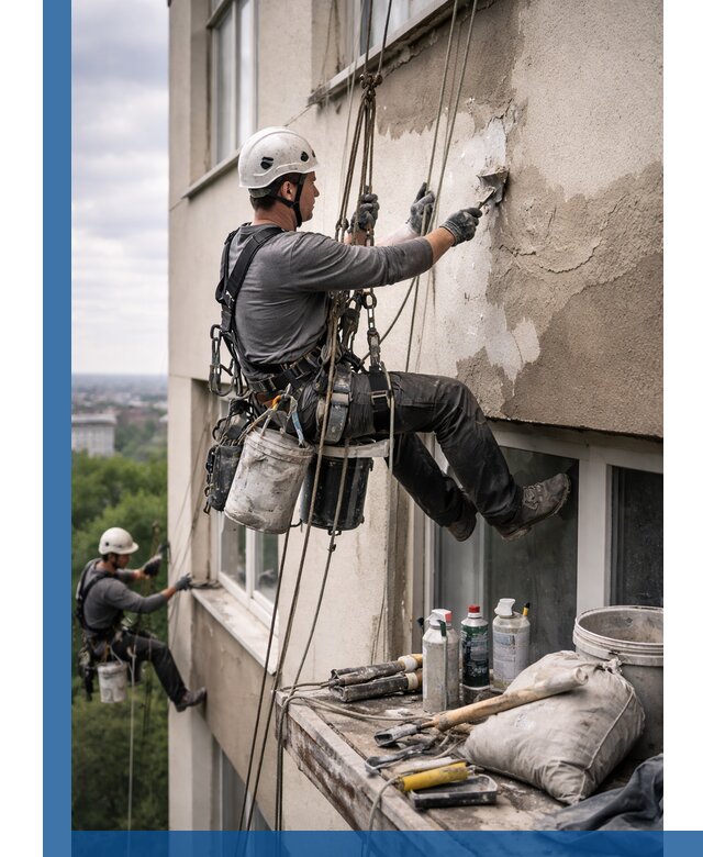 Косметический ремонт фасада зданий в Норильске промышленными альпинистами
