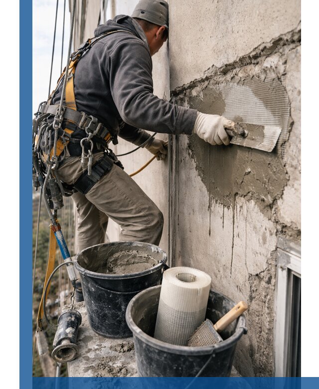 Ремонт бетонных элементов фасада промышленными альпинистами в Норильске