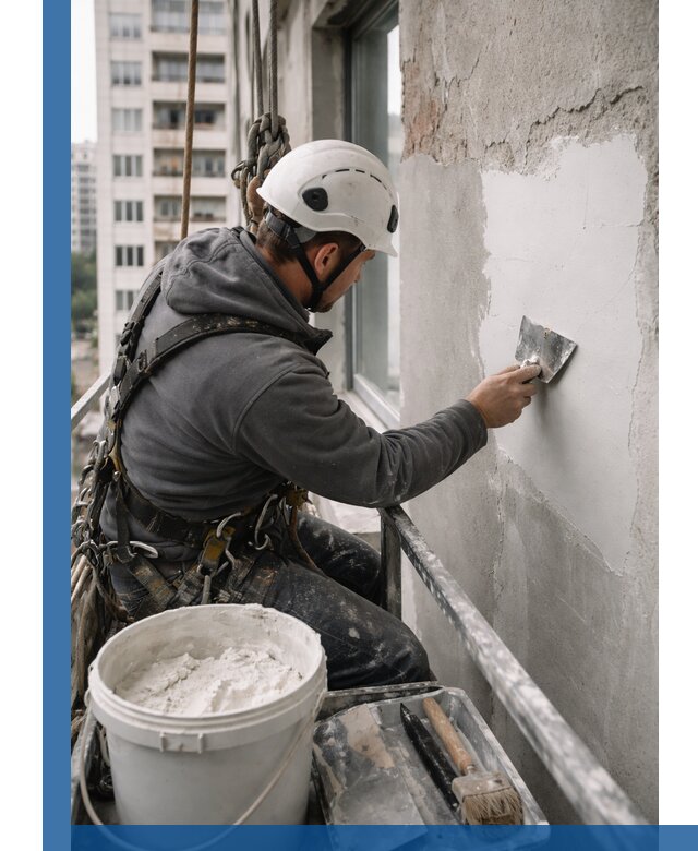 Шпаклевка фасадов на высоте с промальпинистами в Норильске