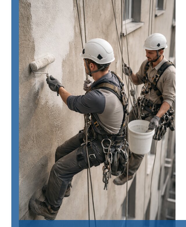 Грунтовка фасада на высоте в Норильске промышленными альпинистами