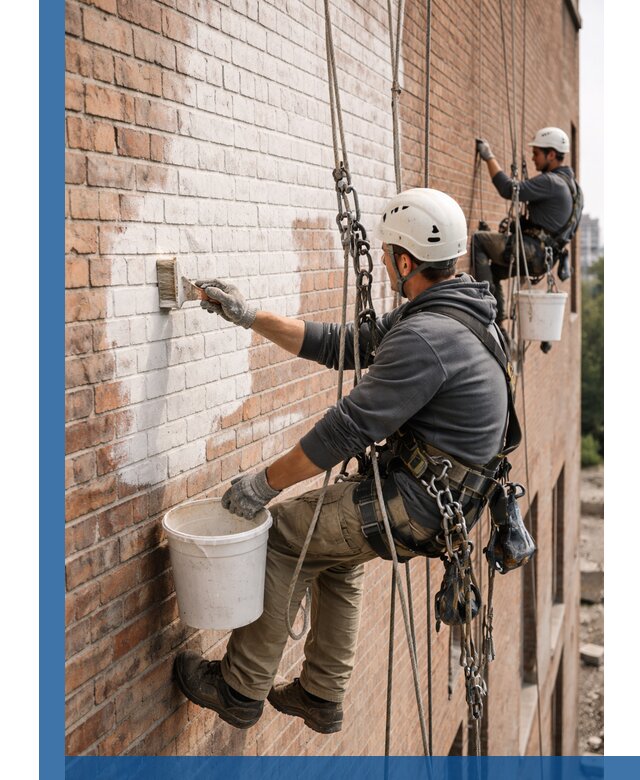 Покраска кирпичного фасада с доступным альпинистским сервисом в Норильске