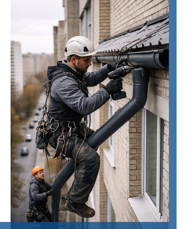 Монтаж водосточной системы на здании в Норильске от 5193 р. | ВЫСОТНИК-Нрл