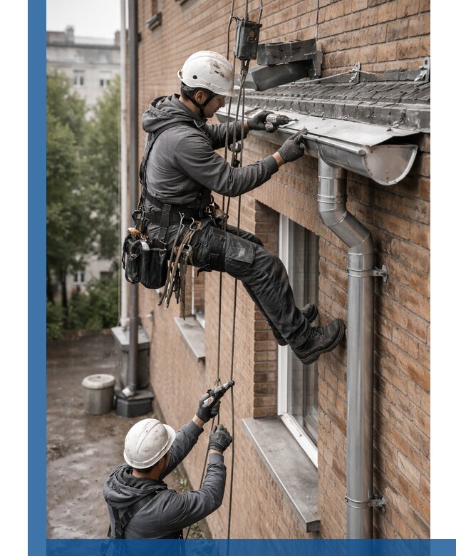 Монтаж водосточной системы на здании в Норильске под ключ