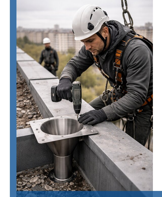 Монтаж водосточных воронок в Норильске для промышленных зданий