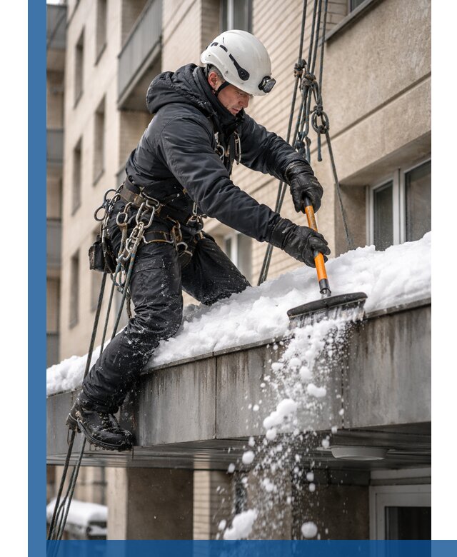 Очистка козырьков от снега в Норильске круглогодично безопасно