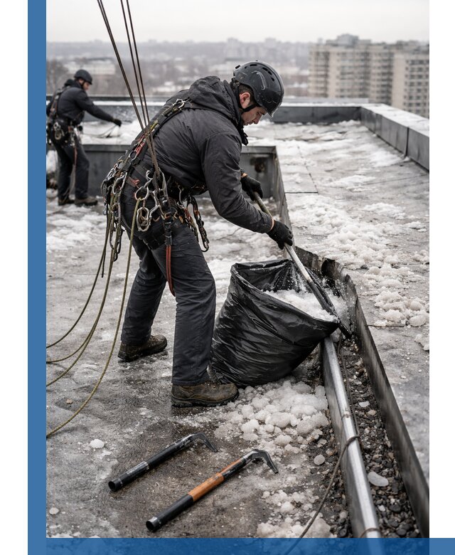 Аварийная очистка кровли в Норильске от промальпинистов