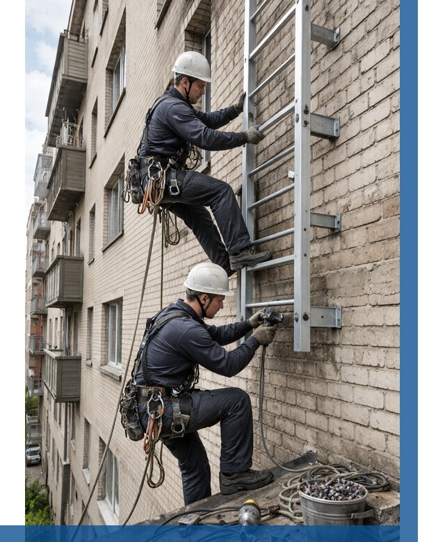 Монтаж пожарной лестницы в Норильске от 25963 р заказать у ВЫСОТНИК-Нрл