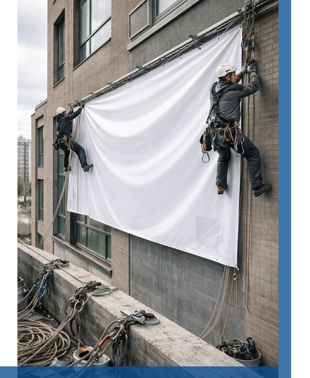 Монтаж баннеров на фасаде в Норильске от 675 р. заказать ВЫСОТНИК-Нрл