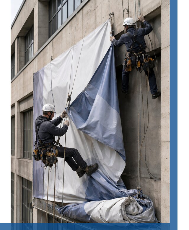 Демонтаж баннеров с фасада в Норильске от 4673 р. | ВЫСОТНИК-Нрл