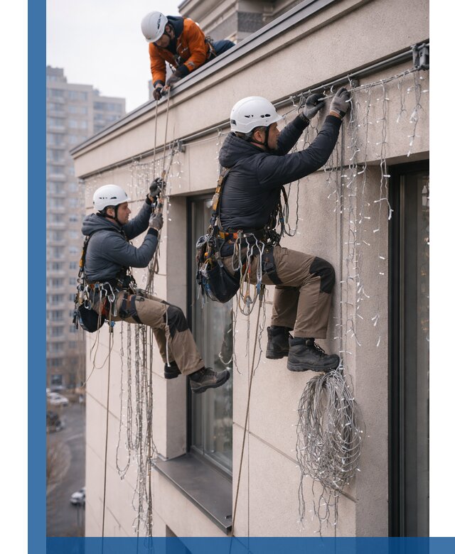 Монтаж праздничных гирлянд на фасаде в Норильске для зданий