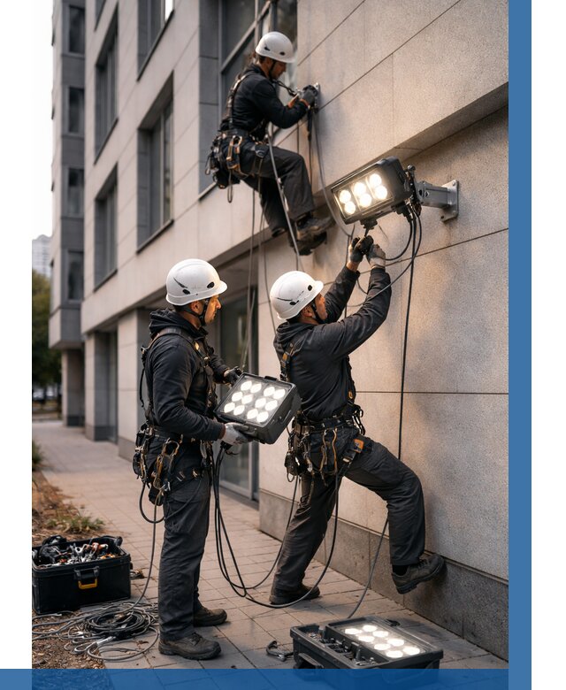 Монтаж прожекторов на фасаде в Норильске от 7789 р. | ВЫСОТНИК-Нрл