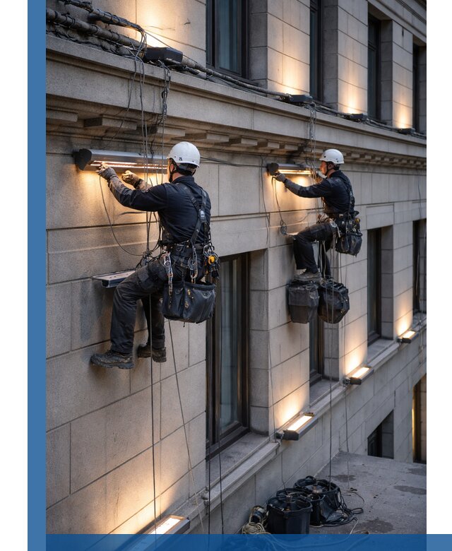 Монтаж архитектурной подсветки фасадов зданий в Норильске