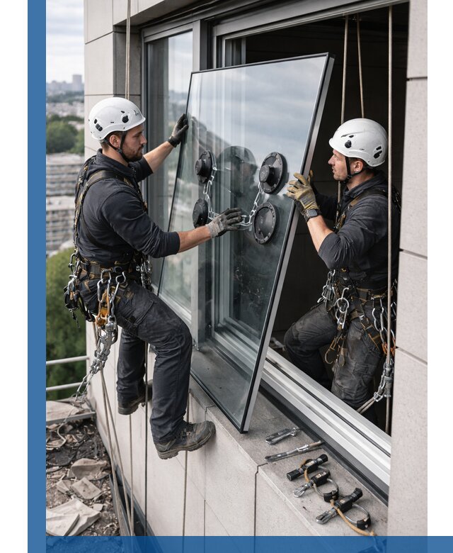 Замена стеклопакетов на высоте с промышленными альпинистами в Норильске