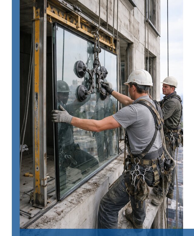 Монтаж стеклопакетов на высоте в Норильске с промышленным альпинизмом