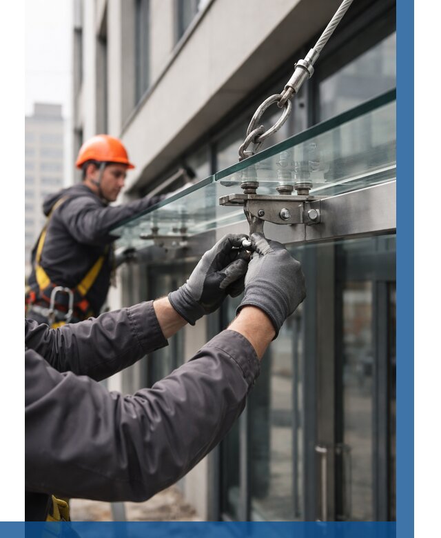 Монтаж стеклянных козырьков в Норильске от 8827 р. | ВЫСОТНИК-Нрл