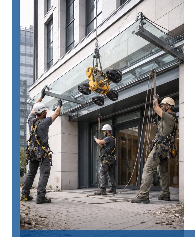 Монтаж стеклянных козырьков под ключ в Норильске для зданий