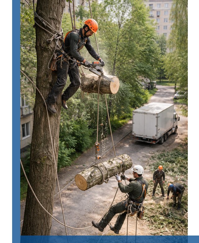 Спил деревьев альпинистами в Норильске, безопасно и без повреждений