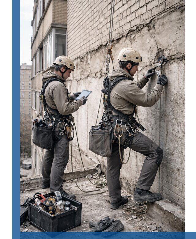 Обследование фасада промышленными альпинистами в Норильске